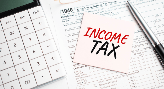 INCOME TAX with pen, calculator, glass and sticker. Tax report sign